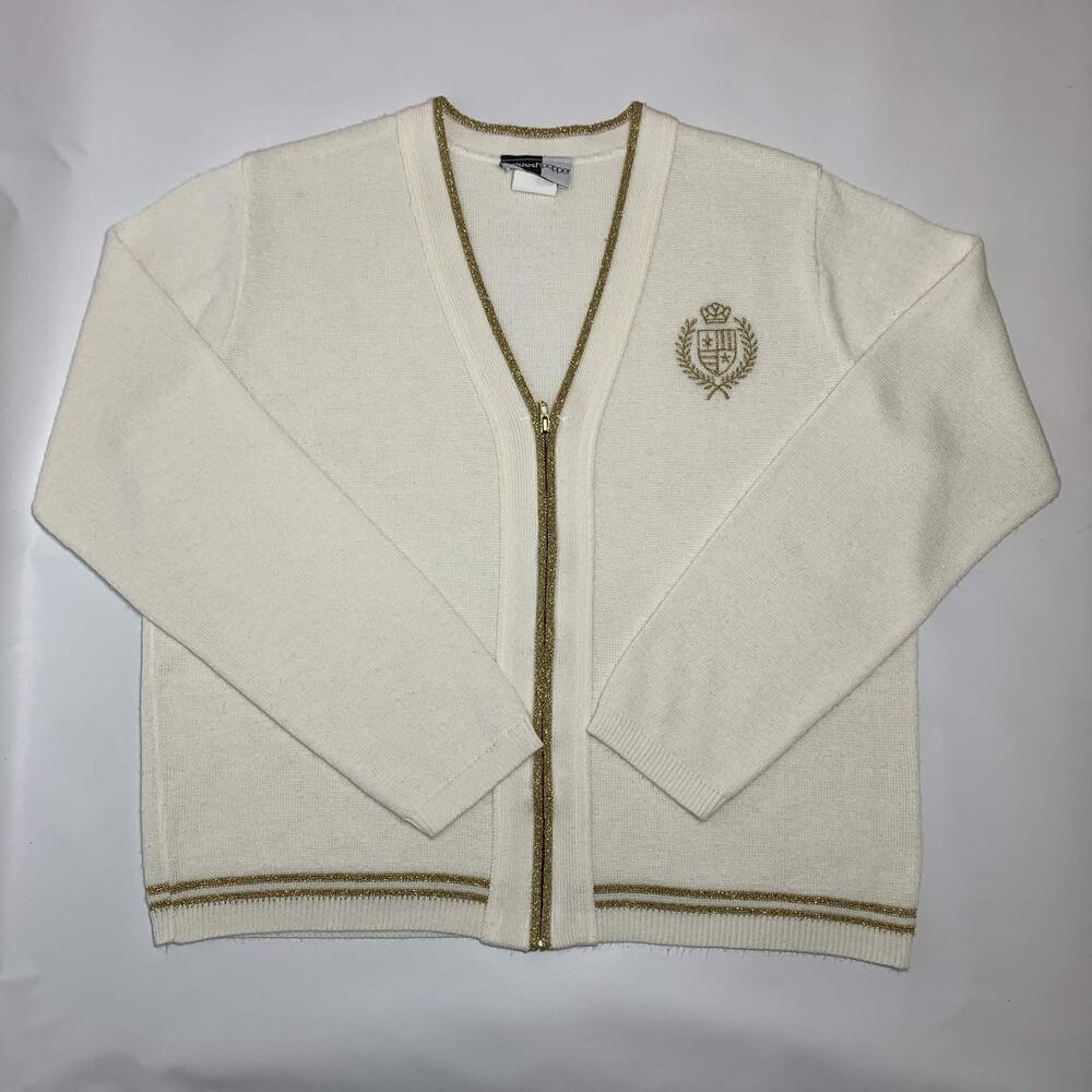 Beldoch Popper Cardigan Sweater Womens Ivory Gold Crest Zip Vintage
